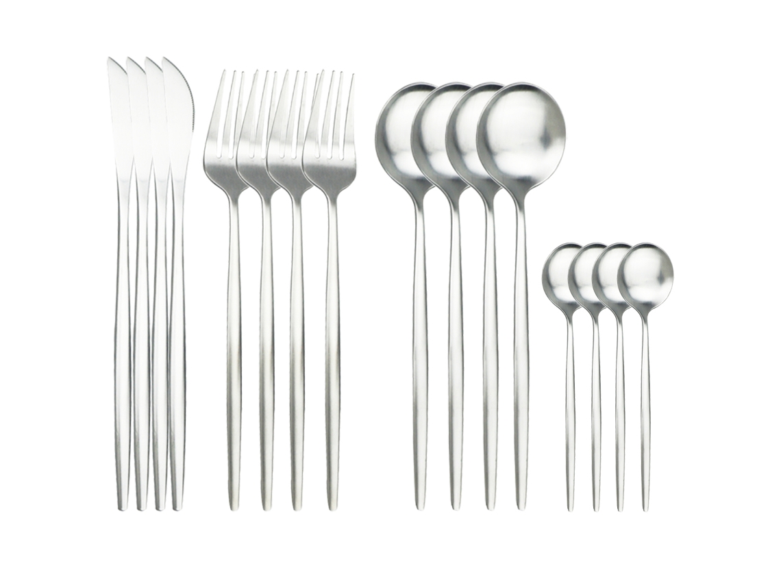 Juego de cubiertos de acero inoxidable y vidrio de 16 piezas, incluye cuchillo, cuchara, tenedor y servilleta. Mdug (plata)