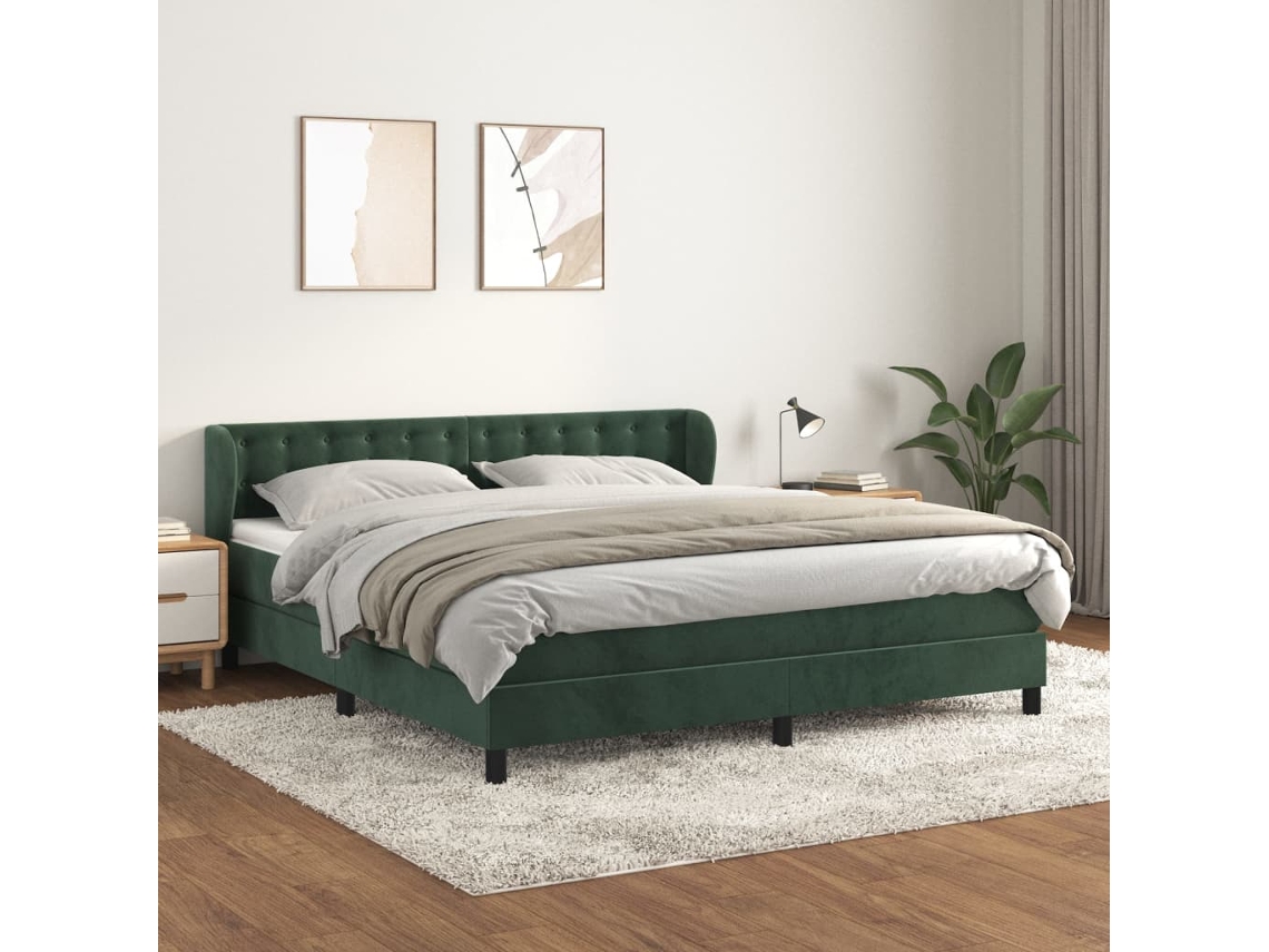 Cama Box Spring Con Colchón Terciopelo Verde Oscuro 160x200 Cm