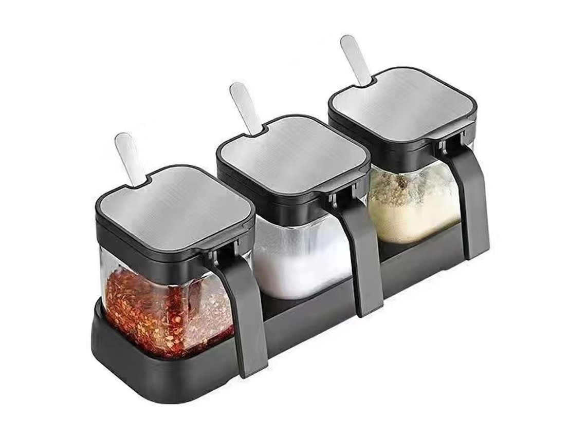 Tarro de condimento con tapa y cuchara, tarro transparente de 255 ml para sal y azúcar, 3 piezas MEOIRUERY