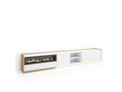 Mueble Tv, Televisión, 310x37x50cm, Para Tv Hasta 80", Chimenea Eléctrica, Led, Blanco Y Roble Soft