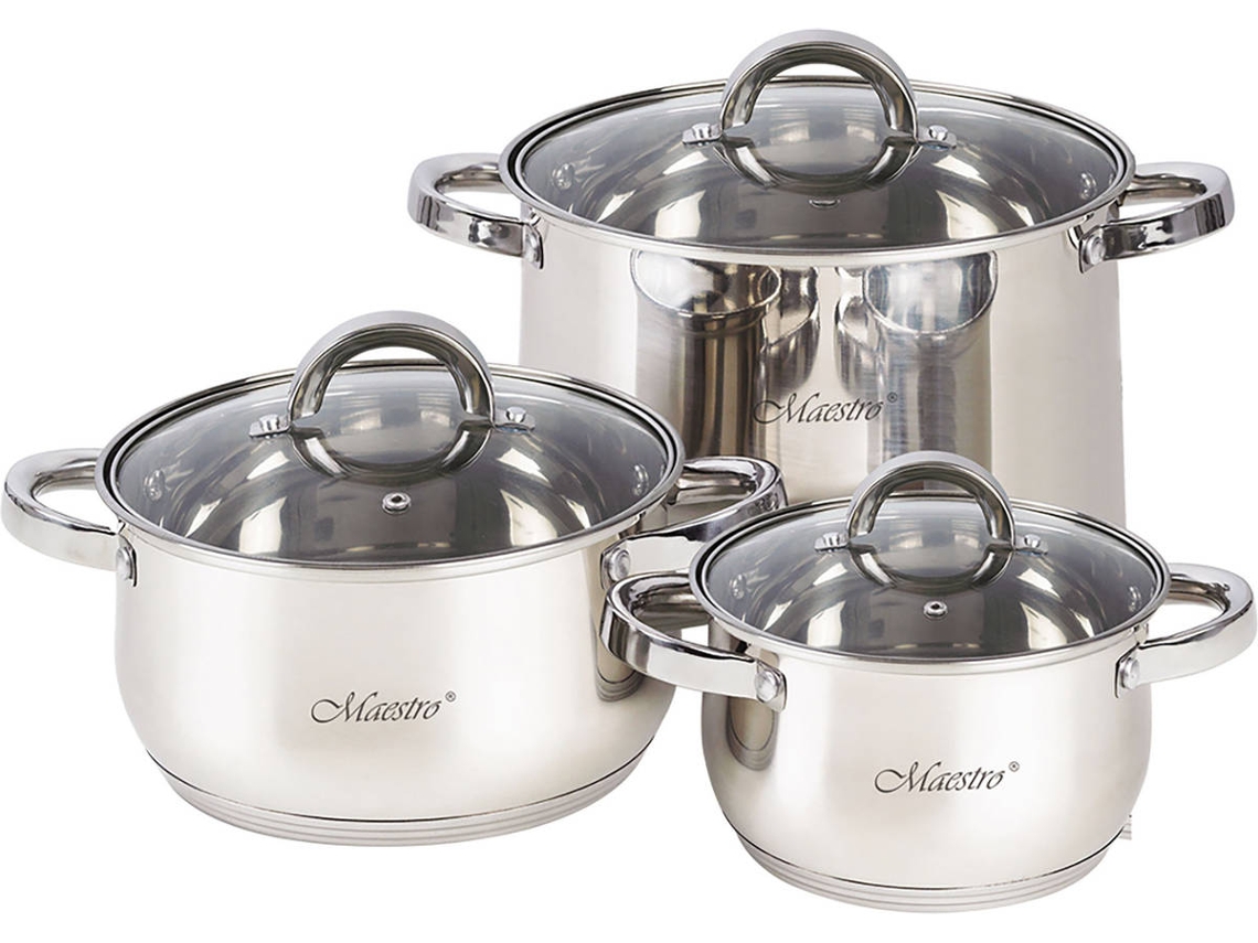 Batería de Cocina 6 Piezas MAESTRO Acero Inoxidable, Inducción, Tapas Cristal
