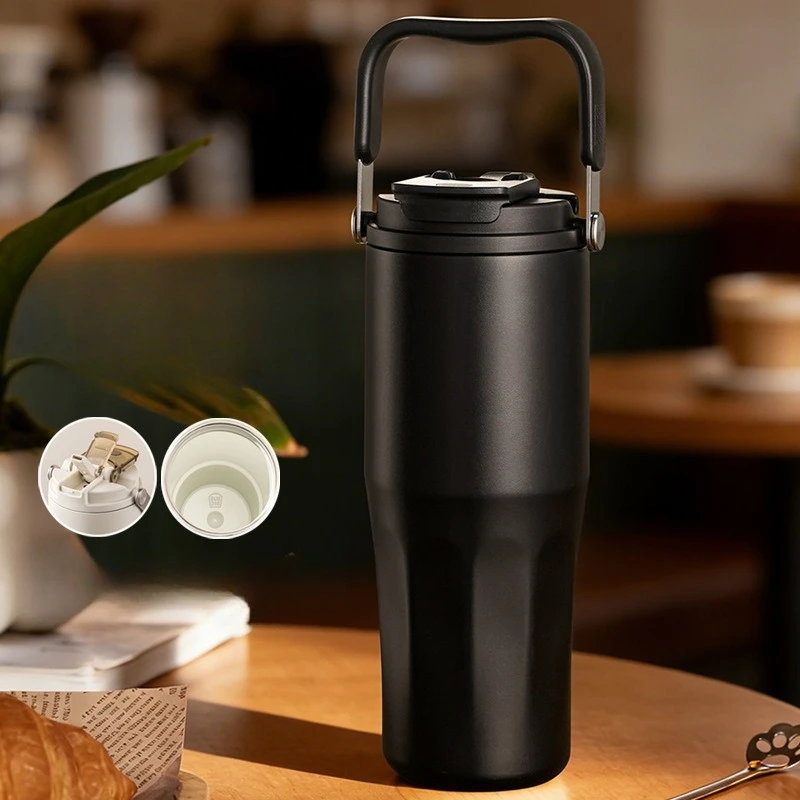(negro, 800 Ml) Taza Isotérmica Con Revestimiento Cerámico, Pajita, Gran Capacidad, A Prueba De Fugas, Asa Desmontable E Infusor De Té.