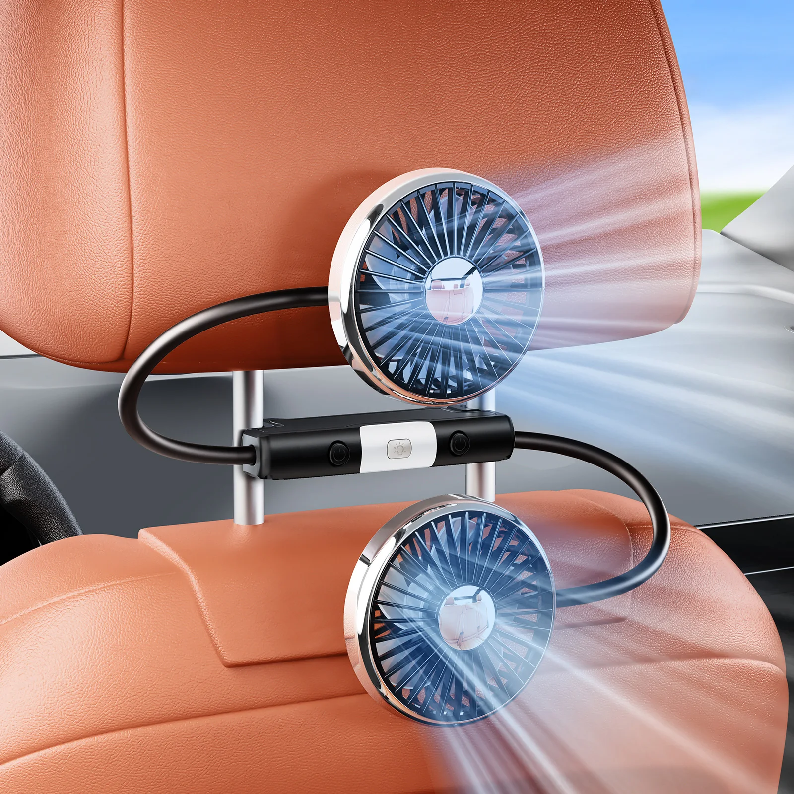 (ventilador Trasero Para Coche) Ventilador De Doble Cabezal Para Los Asientos Traseros Con 3 Velocidades Y 2 Niveles De Iluminación.