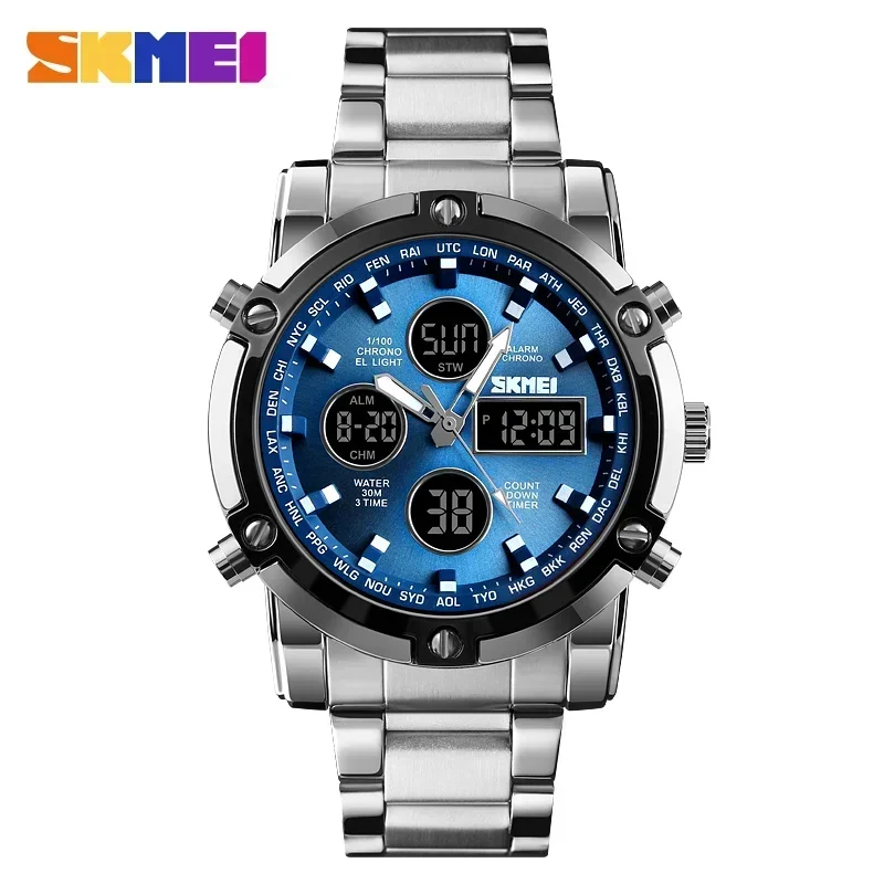 Reloj De Cuarzo Con Tres Zonas Horarias Y Brazalete De Acero Con Función De Cuenta Regresiva (plateado-azul).
