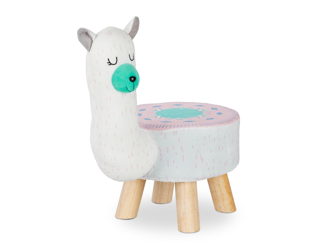 Relaxdays Taburete Infantil Lama, Funda De Felpa, Redondo, Asiento Para Habitación Infantil, Con Motivo Animal, Blanco