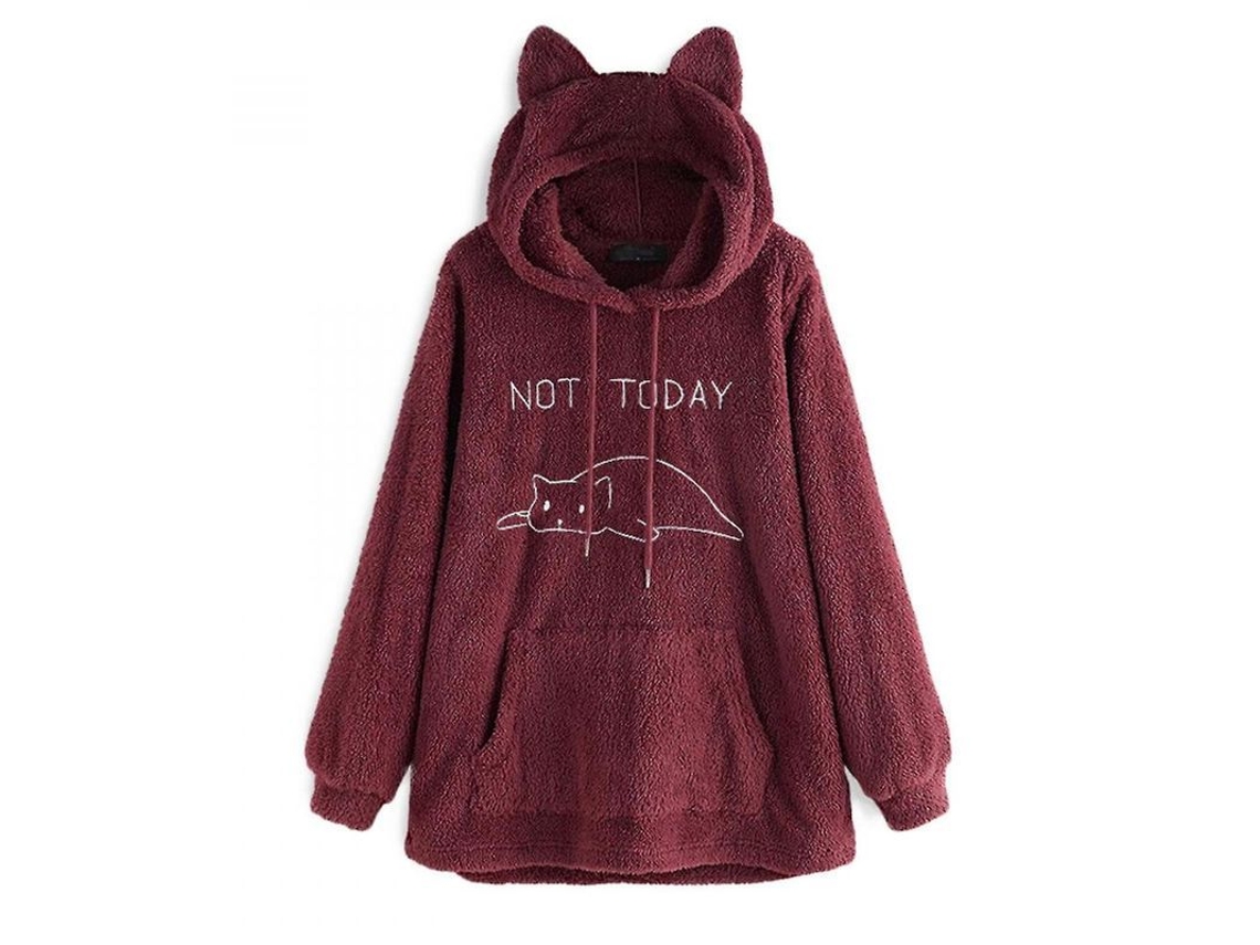 2026-chaqueta Con Capucha Oversize De Felpa Para Mujer Otoño Invierno Con Orejas De Gato Bordadas Xl Rojo Vino