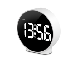 Reloj digital con números en inglés, luz de alarma y doble fuente de alimentación, caja blanca, letras blancas, Sfushos (cable y pilas)
