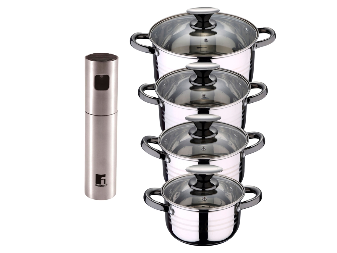Batería De Cocina Ø16ø18ø20ø24 Cm De Acero Inoxidable Dina San Ignacior (8 Piezas) Con Pulverizador