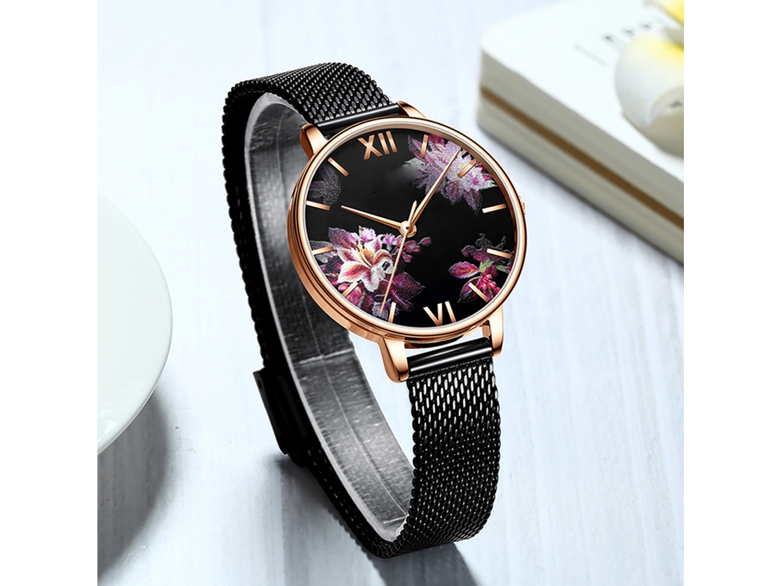 Reloj Curren 9060 Para Mujer Con Esfera Floral Y Brazalete De Malla De Acero Inoxidable, Resistente Al Agua Hasta 3 Atm.