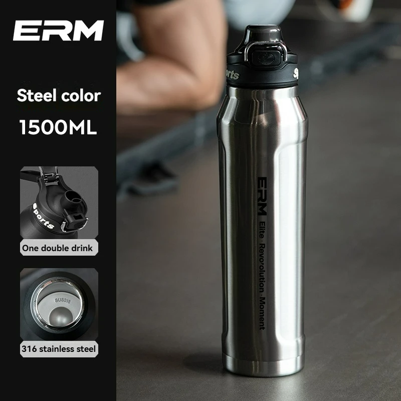 (Plata, 1500 ml) Botella de agua caliente y fría, acero inoxidable de doble pared, asa de transporte, deportes al aire libre