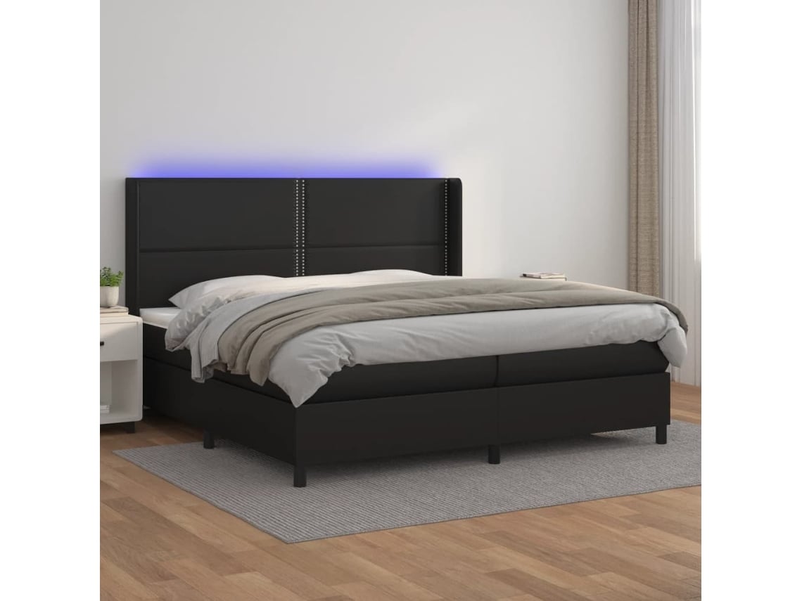 Cama Box Spring Colchón Y Led Cuero Sintético Negro 200x200 Cm
