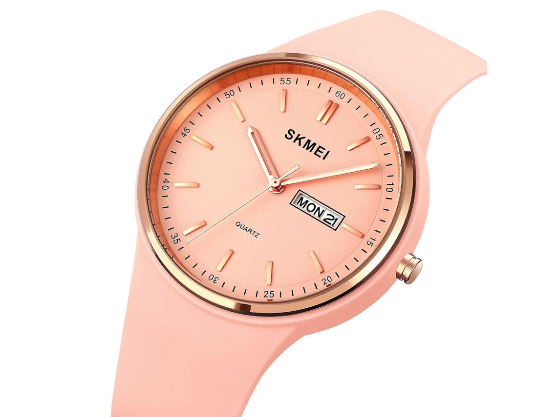 Reloj de mujer Skmei 1747 con esfera sencilla de escala de barras, correa de silicona y movimiento de cuarzo.