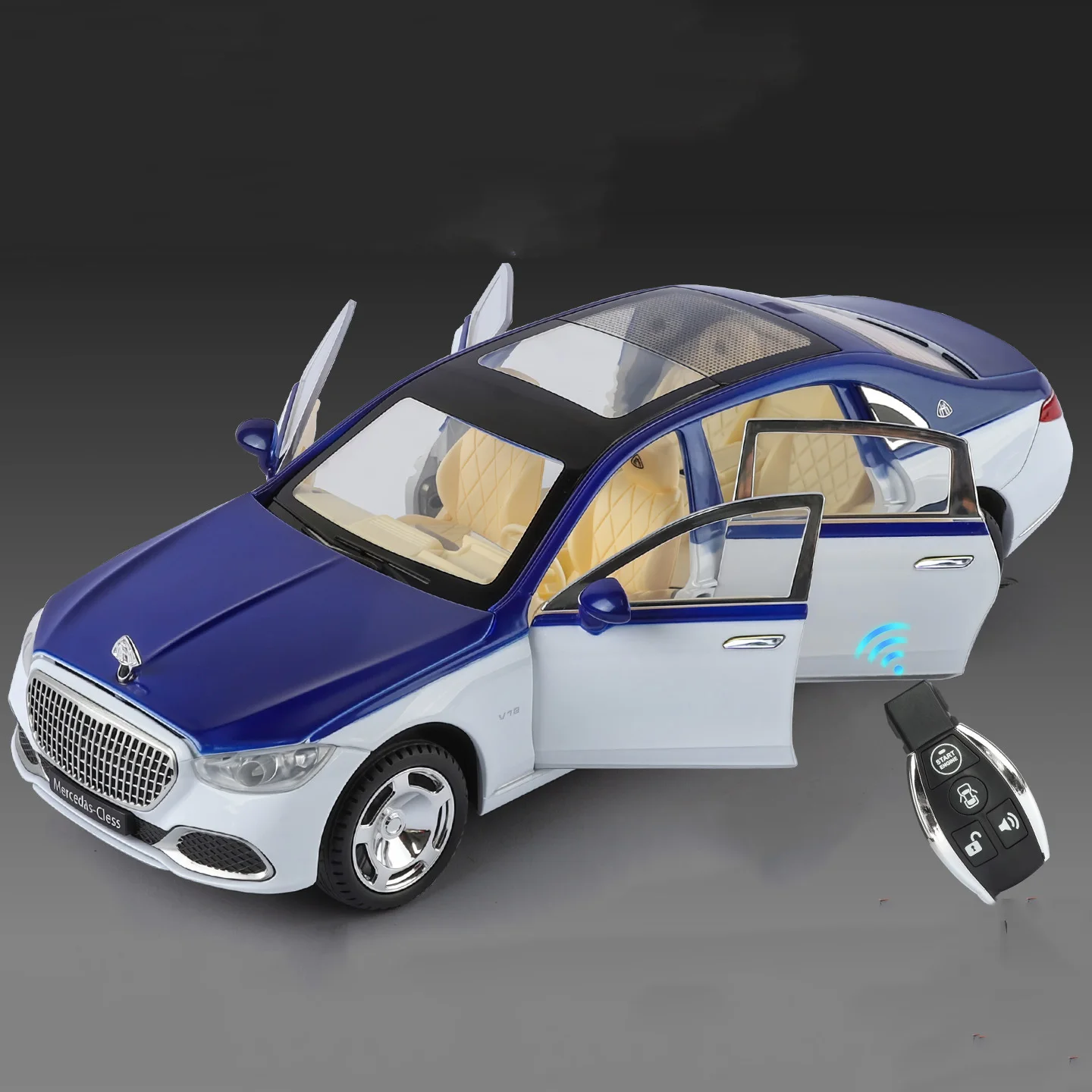 (blanco Y Azul) Coche De Juguete A Escala 1:24 De Aleación Con Control Por Llave, Fabricado En Metal Fundido A Presión, Con Sonido Y Luz.