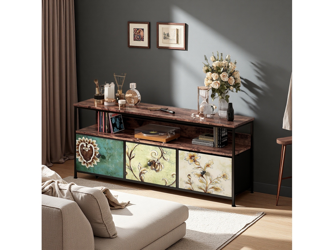 Mueble para TV de 108 cm con iluminación LED, tablero de madera con efecto tigre, 4 cajones de tela, estructura metálica, patas ajustables.