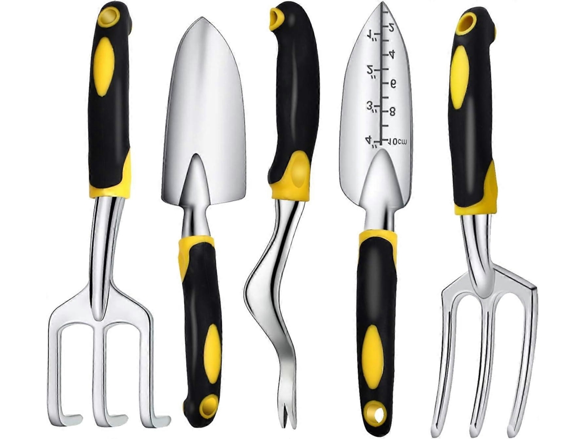 Conjunto de 5 ferramentas de jardinagem em alumínio com cabo ergonômico de borracha macia, ideais para o cultivo de suculentas e outras plantas.