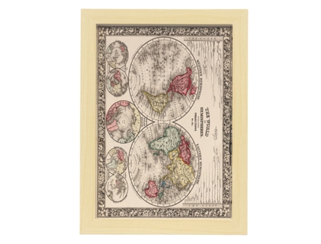 NACNIC Pósters Geográficos En Estilo Vintage El Mundo En Hemisferios Ilustraciones De Antiguos Mapamundis En Tonos Sepia Tamaño A3, Con Marco Negro