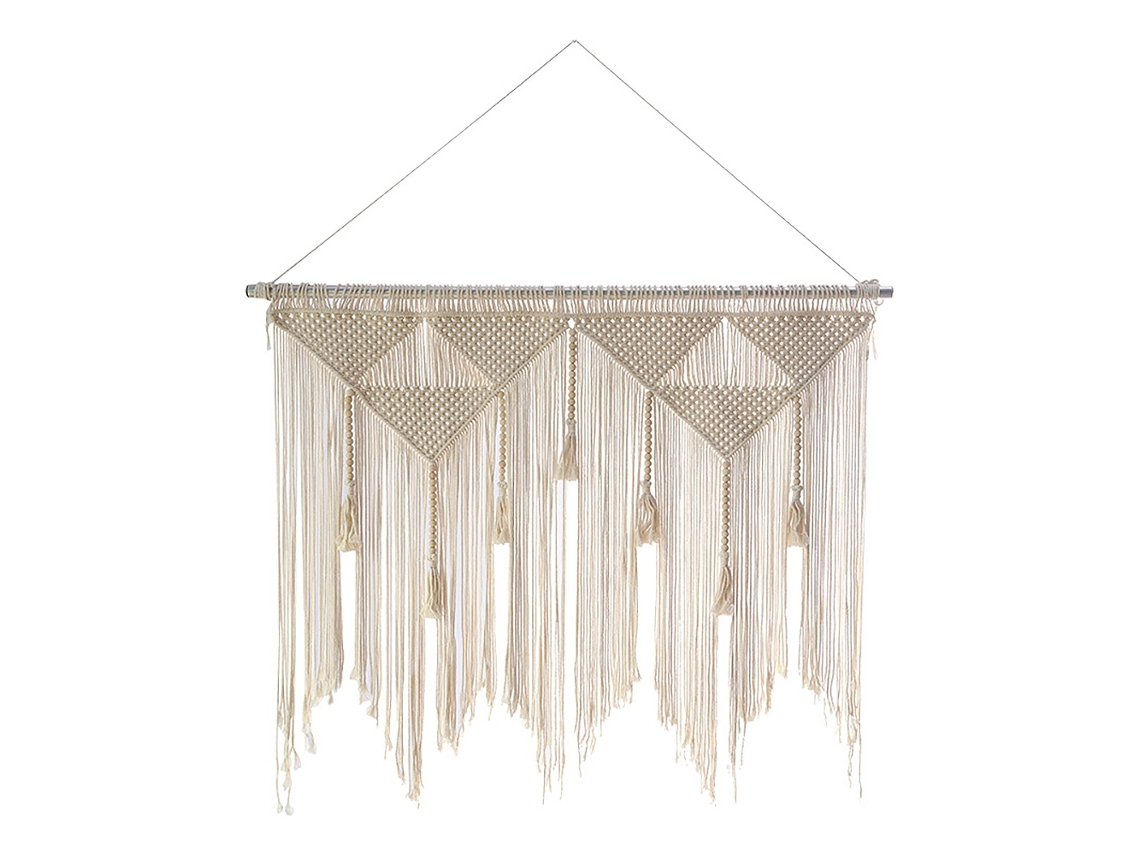 Cortina decorativa de macramé estilo bohemio con borlas beige y blancas para decoración del hogar (palo de madera no incluido).