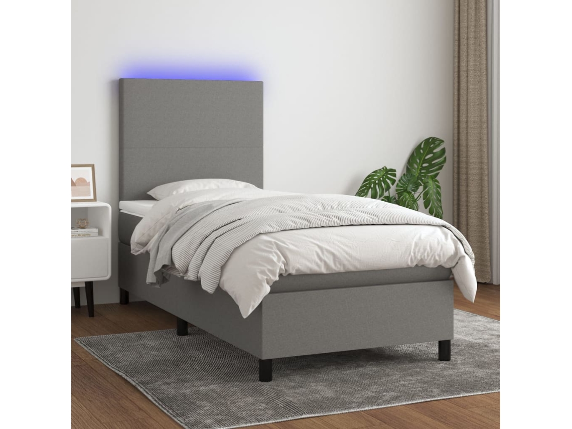 Cama Box Spring Colchón Y Luces Led Tela Gris Oscuro 80x200 Cm