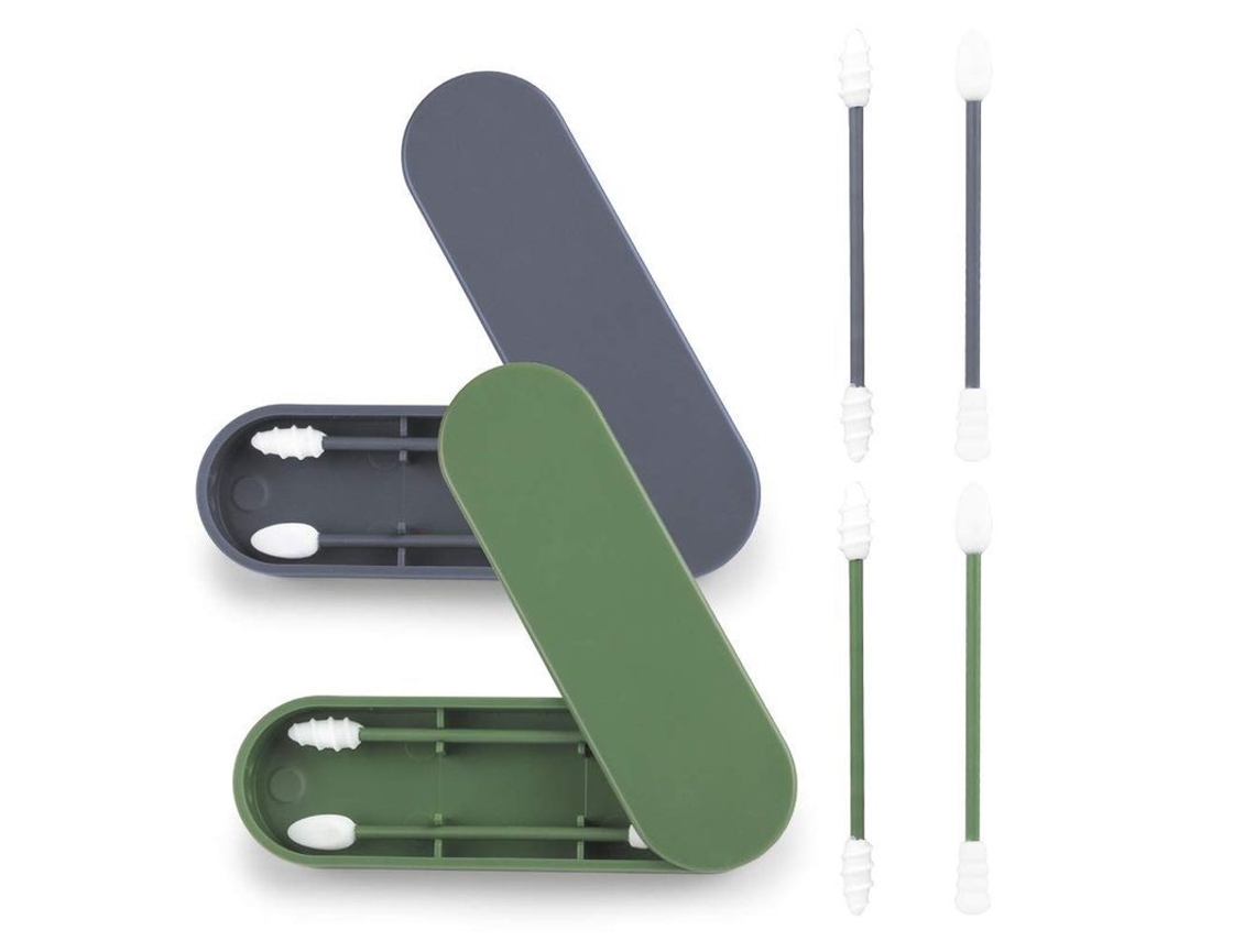 Linjou Bastoncillos De Algodón Reutilizables, Paquete De 2, De Silicona, Portátiles, Para Limpieza De Oídos, Con Doble Punta (verde + Gris)