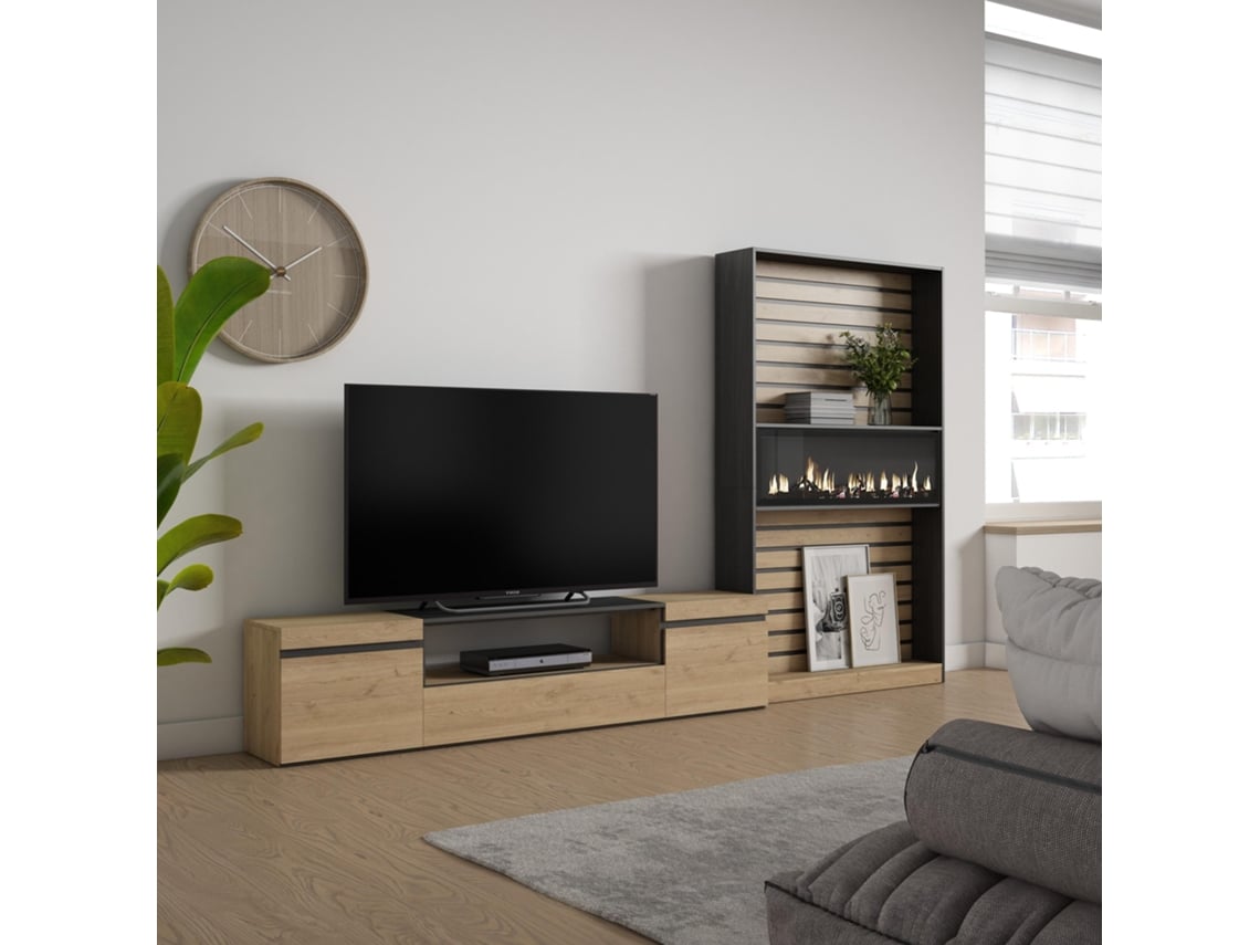 Muebles de Salón para TV SKRAUT HOME Para TV hasta 80, Chimenea eléctrica,  Roble y Negro (310x186x35 cm)