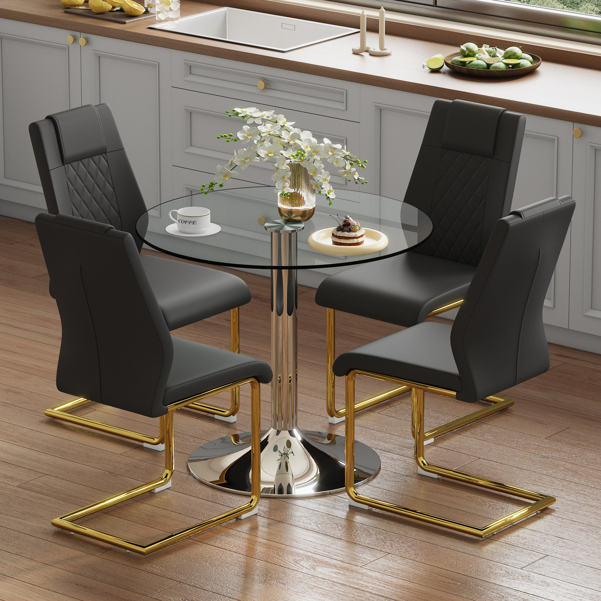 Conjunto De Mesa De Comedor De Vidrio Templado 85 Cm Con 4 Sillas Negras De Pu Y Patas Metálicas Doradas