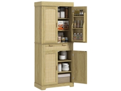 Aparador de cocina estilo bohemio con 2 armarios, cajón y especiero en madera y ratán, 76x40x183cm, roble. ZENCORE SERVICES
