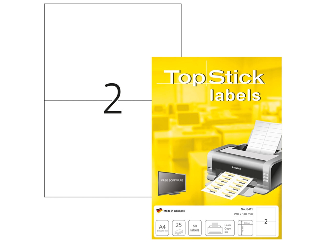 TOPSTICK Etiquetas Multiusos para Impressoras Laser e Jato de Tinta 2 Etiquetas Por Folha 210 x 148 mm Branco 25 Folhas