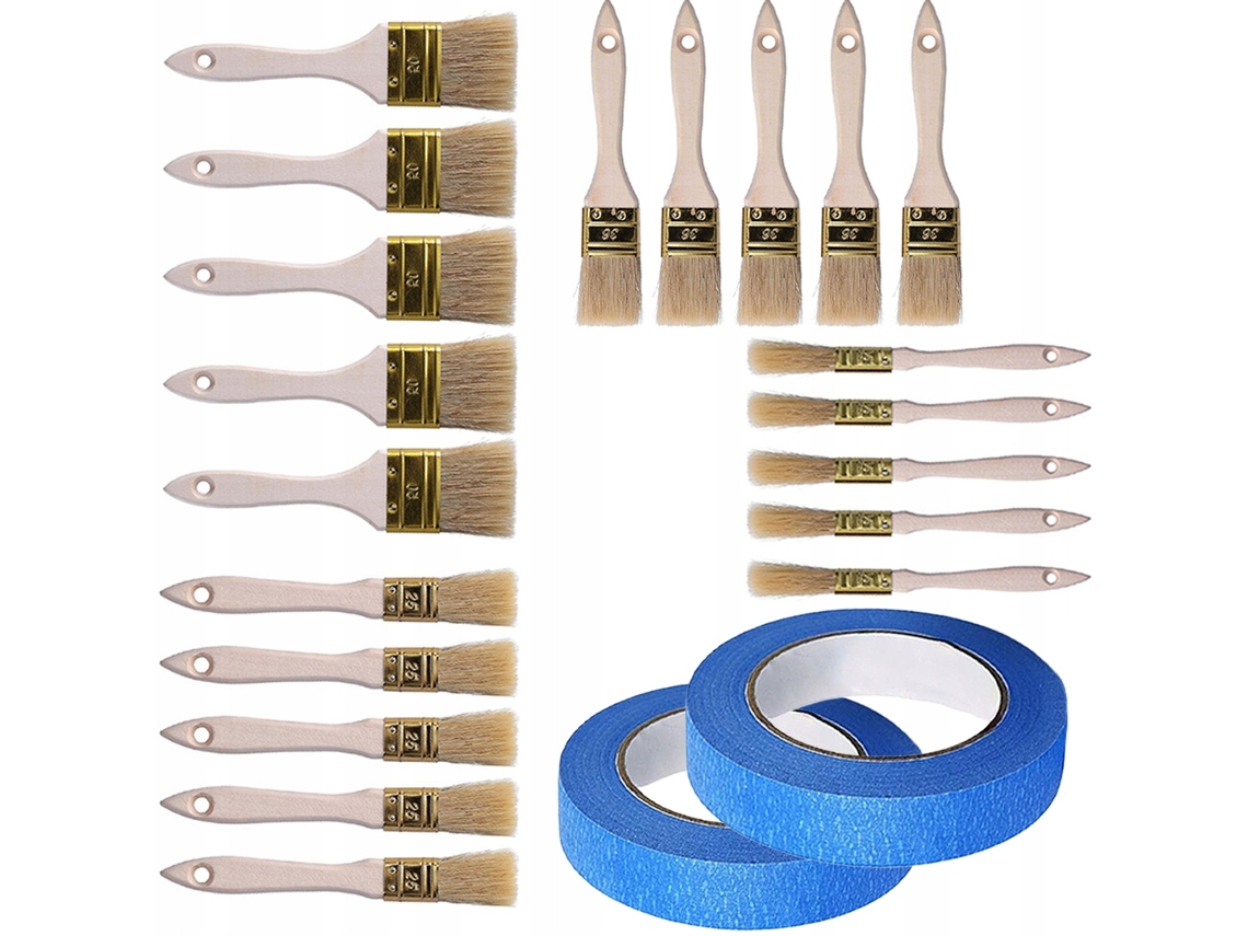 Juego de 20 pinceles + cinta azul de 40 mm – Cerdas naturales | Mangos de madera | Pintura de precisión