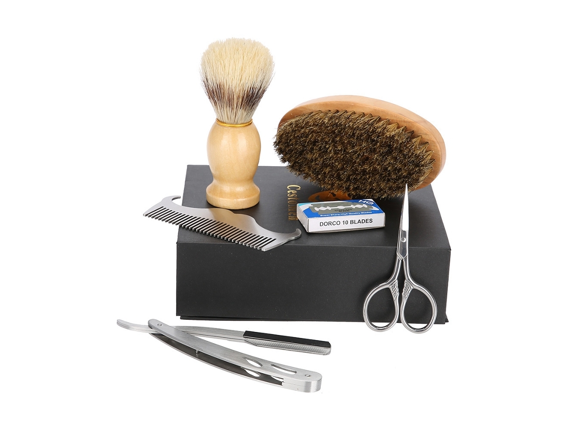 Kit De Cuidado De Barba De 6 Piezas: Cepillo, Peine, Tijeras, Maquinilla De Afeitar Y Soporte.