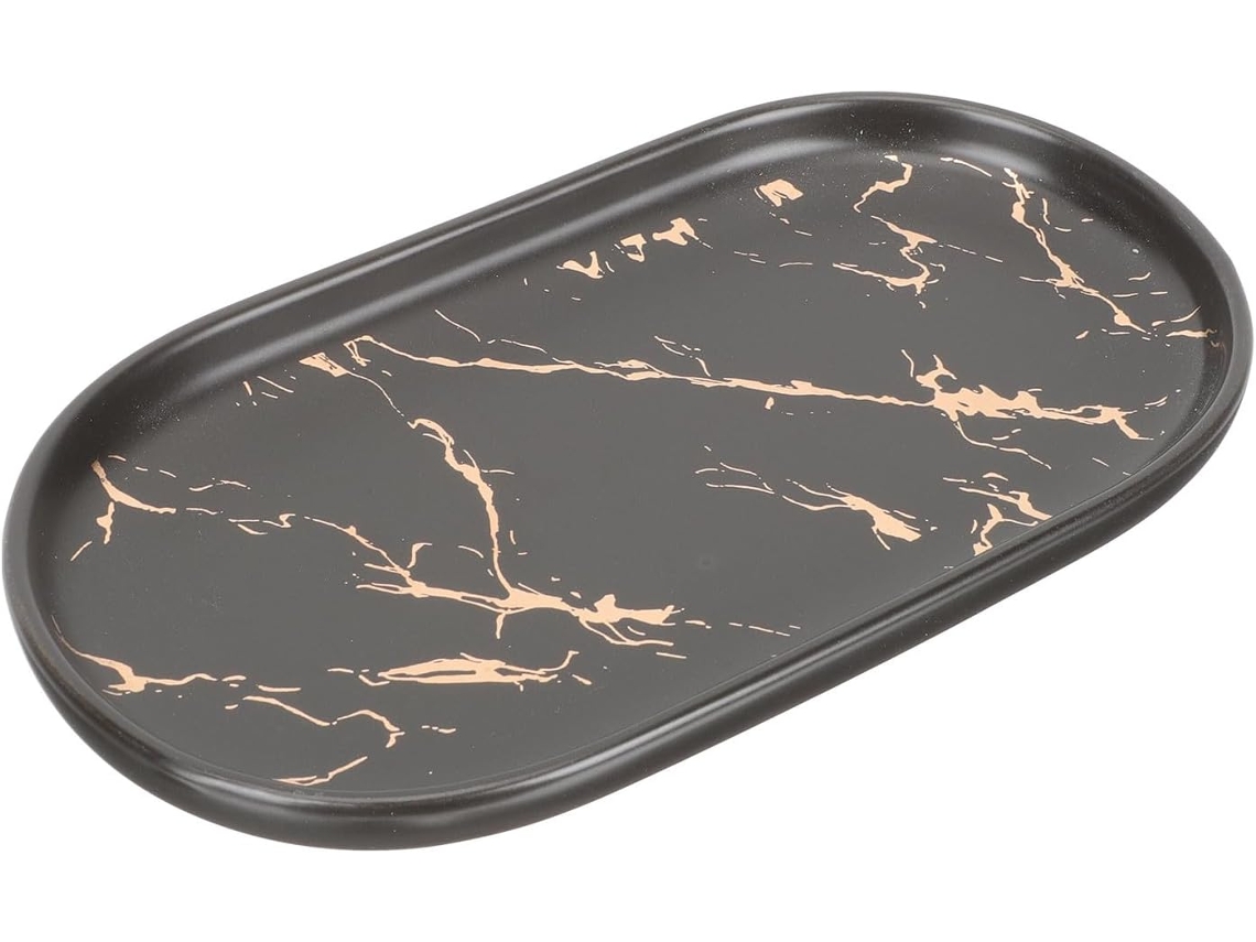 Elegante Bandeja De Almacenamiento De Cerámica Con Efecto Mármol Negro Para El Baño.