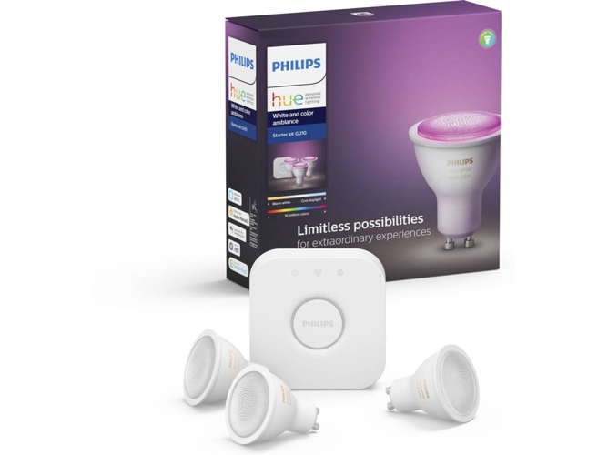 Kit 3 Bombillas bluetooth philips hue led gu10 y puente luz blanca color inicio white& ambiance starter set 3xgu10 bt bridge regulador inteligentes and puente+3 5.7w