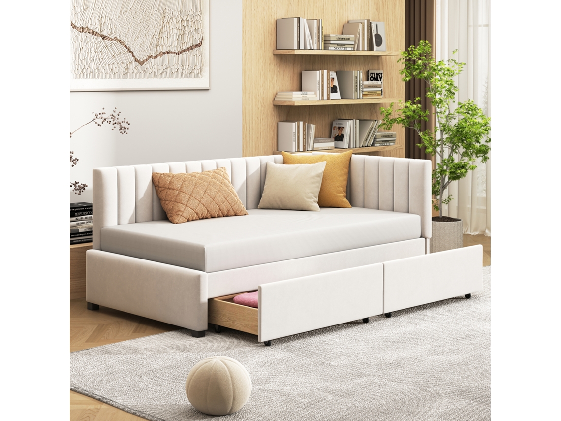Sofá Cama De Terciopelo De 90x200 Cm Con 2 Cajones, Color Beige.
