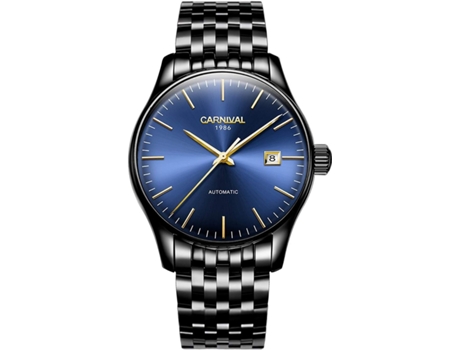 VEANXIN Reloj automático resistente al agua con fecha de acero inoxidable para hombre-Correa azul acero-negra