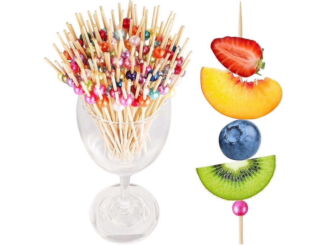 100 Palillos De Cóctel De Bambú, 12 Cm, Coloridos Palillos Para Comida Con Perlas Para Fiestas.