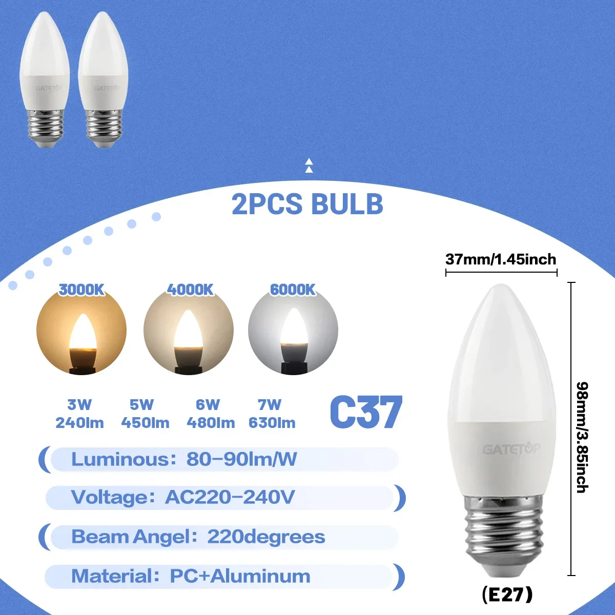 (2 Bombillas Led Tipo Vela, Luz Blanca Fría De 6000k), Casquillo E27, Aptas Para Iluminación Doméstica.