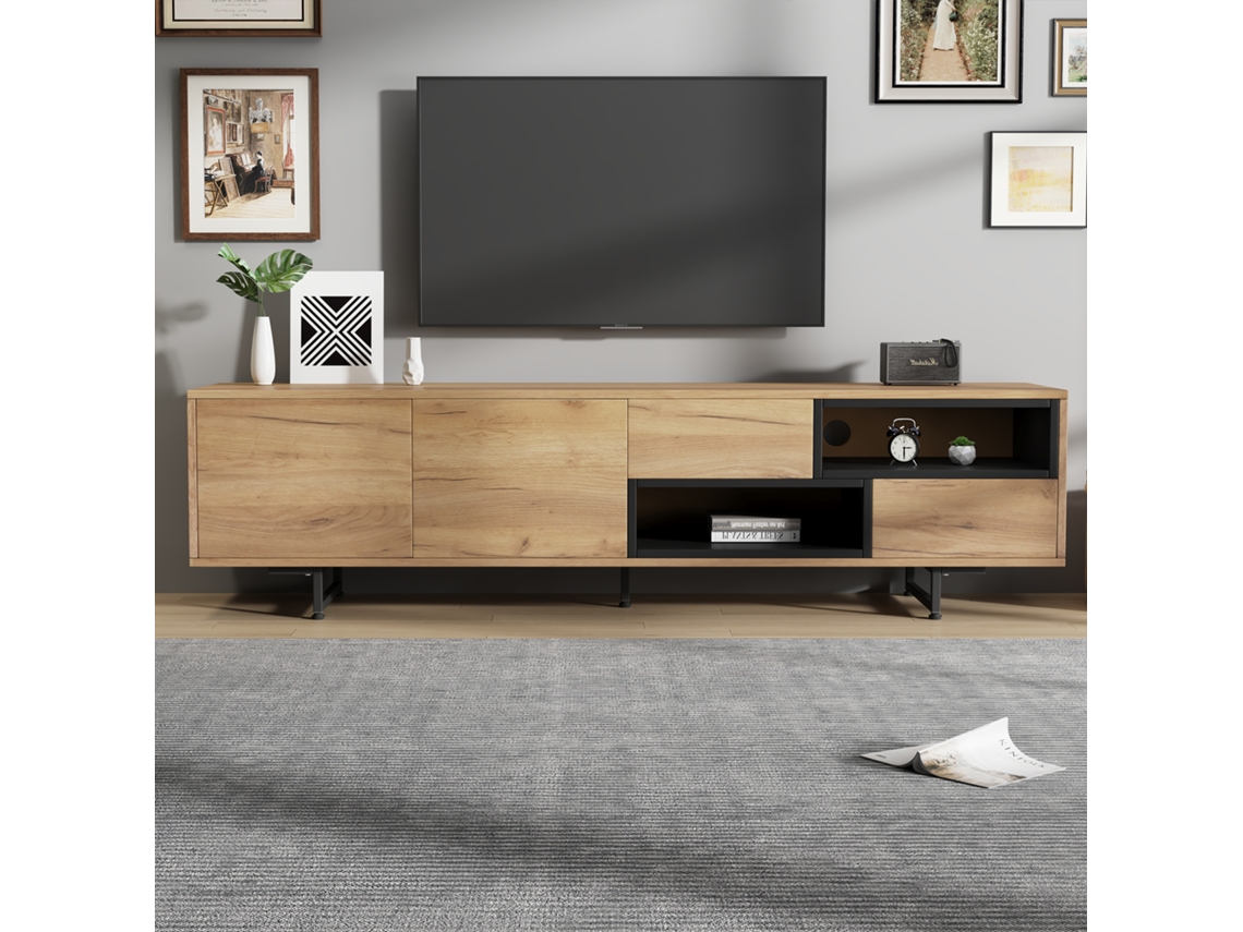 Mueble de TV bajo con varias opciones de almacenamiento 173x38x48 cm Tablero de partículas color madera, para televisores de hasta 70 pulgadas Mobrio