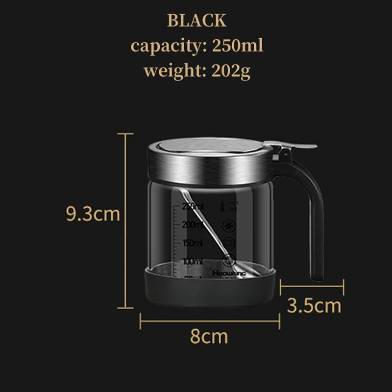 (1 unidad, 250 ml, negro) Tarro de cristal para especias y condimentos con cuchara, azucarero y salero - Utensilios de cocina