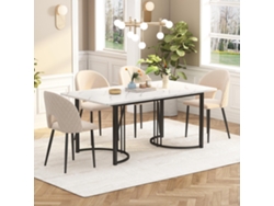 Conjunto de comedor de 140×80 cm con mesa y 4 sillas, patas negras, sillas de terciopelo beige, estampado Mobrio de rombos.