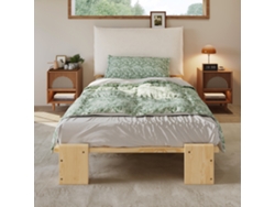 Cama Tapizada De 90x200 Cm Con Respaldo De Velcro, Base De Láminas Resistente, Madera De Pino + Espuma + Madera Contrachapada, Acabado Natural.