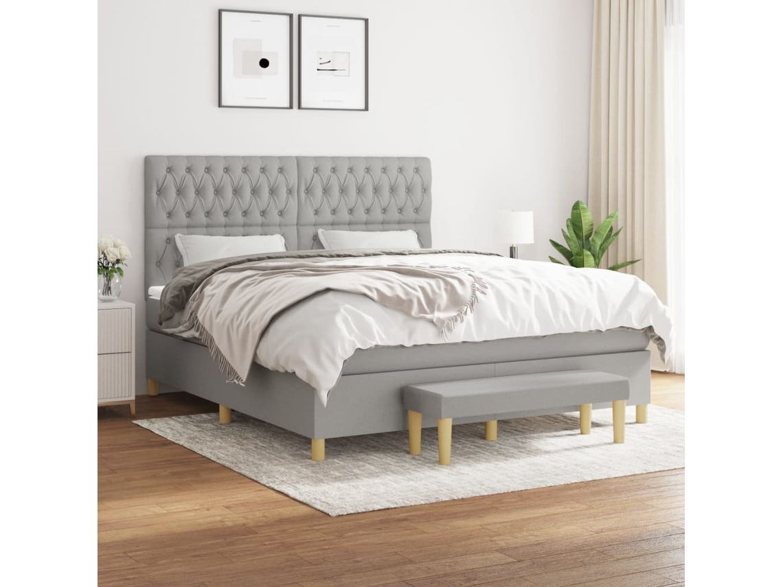 Cama Box Spring Con Colchón Tela Gris Claro 180x200 Cm