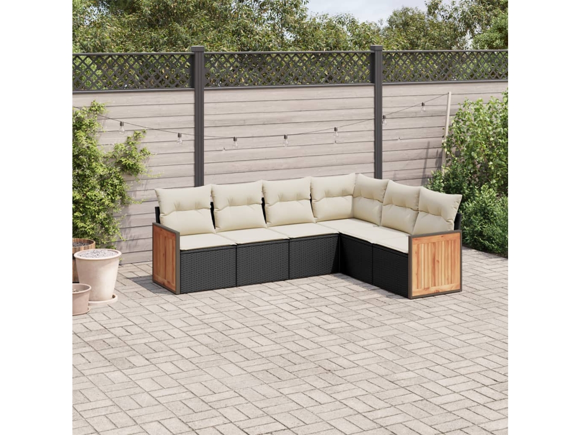 Conjunto de sofá de jardín de 6 piezas con cojines, mimbre sintético negro, DKD Home Decor