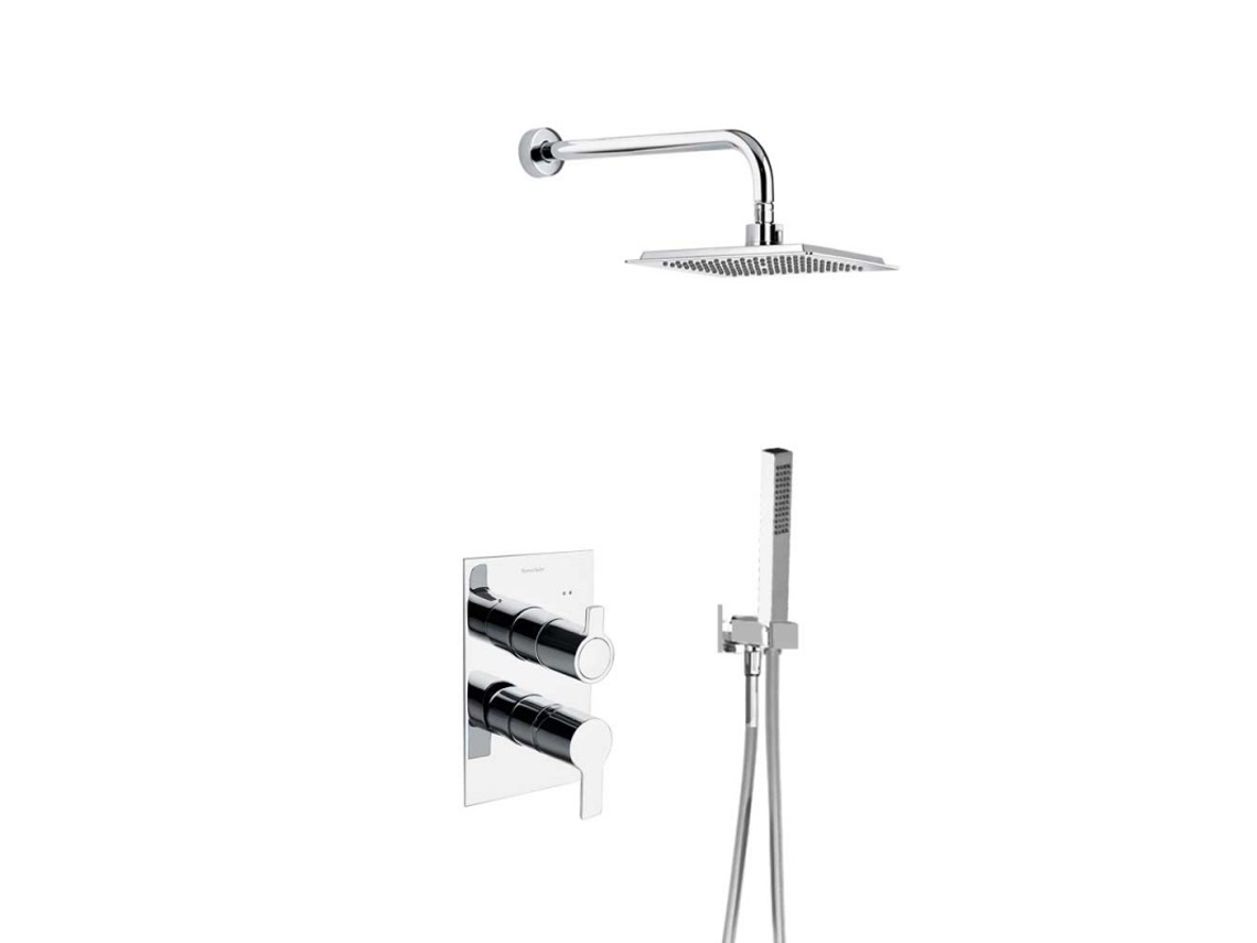Conjunto de grifería monomando de 2 vías encastrable Cromado Sistema de Ahorro de Agua S2 con Accesorios Cuadrados Serie Blautherm RAMON SOLER