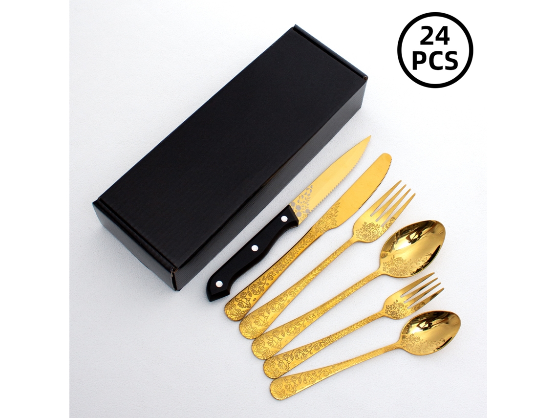 (juego De 24 Piezas - Dorado) Juego De Cubiertos De Acero Inoxidable Estilo Chino Chapado En Oro, Cuchillo, Tenedor Y Cuchara.
