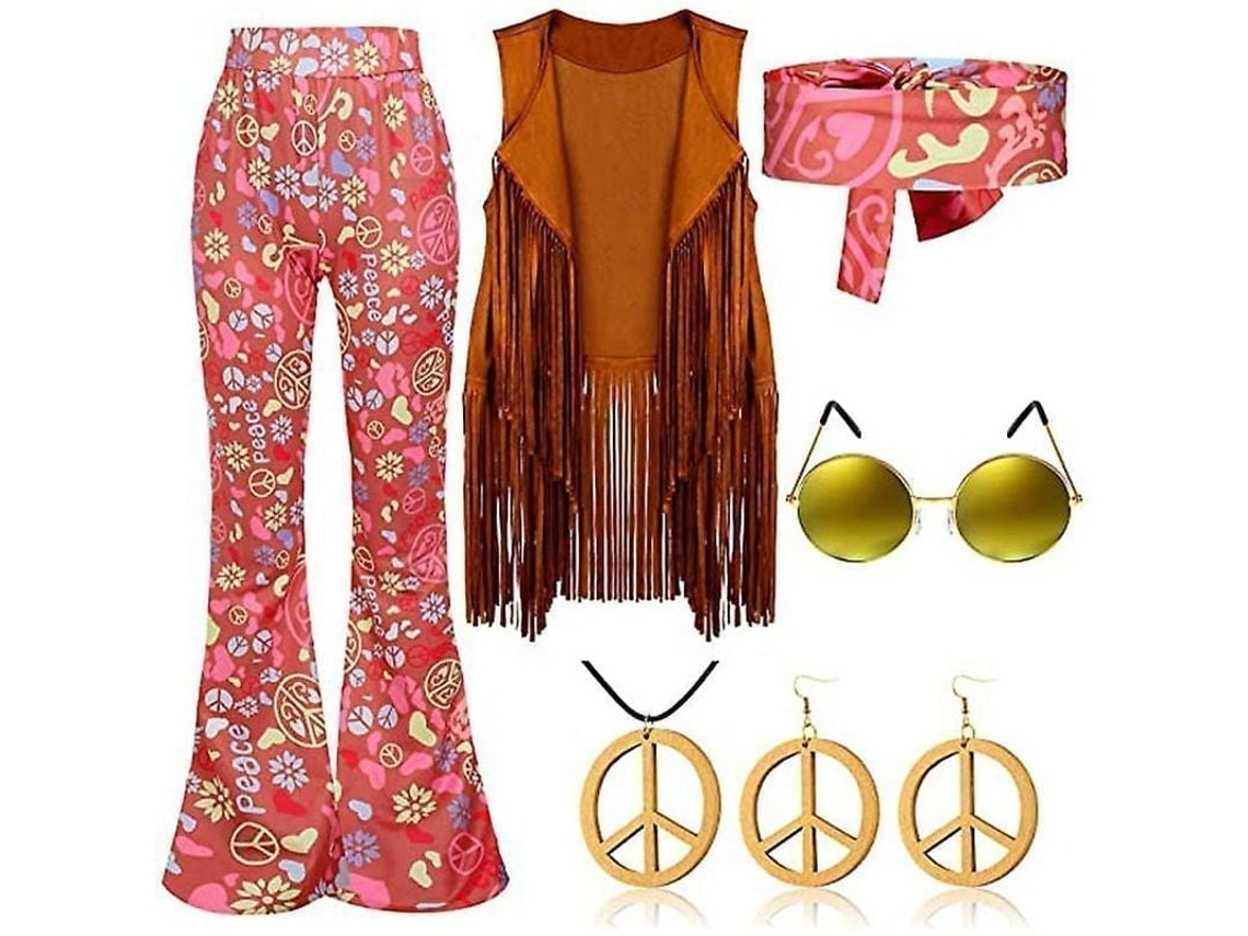 Fasst-traje Retro Hippie De Los 70 Con Chaleco De Flecos, Pantalones Y Bufanda Para Fiesta De Disfraces