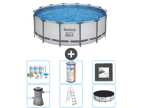 Piscina BESTWAY Round Steel Pro MAX - 427 x 122 cm gris - Incluida bomba - Escalera - Cobertor Paquete de mantenimiento - Filtrar - Baldosas