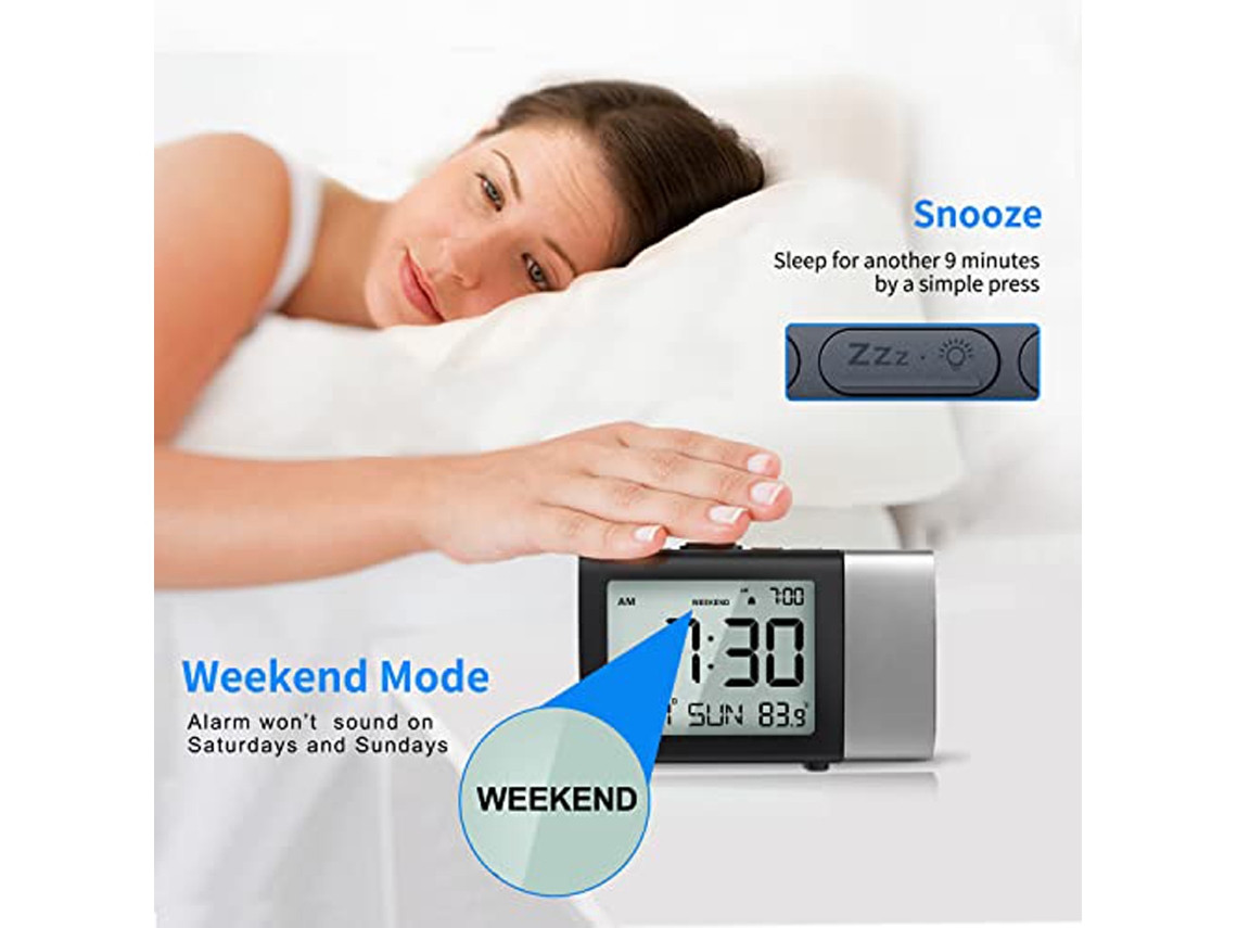 Reloj Despertador Con Proyección Para Dormitorio, Reloj Digital Con Proyector, Modo Fin De Semana, Fecha, Temperatura, Función De Repetición, 12/24 H