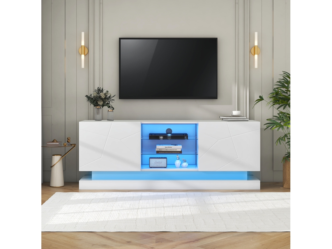 Mueble Tv 160cm Blanco Esmerilado Vidrio 70 Pulgadas Bisagras Suaves