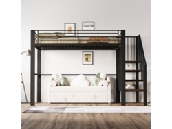 Cama Alta Metal 140 X 200 Cm - Estructura Estable Con Amplio Almacenamiento Bajo La Cama Y Escalera, Ideal Para Niños Y Adultos - Negro