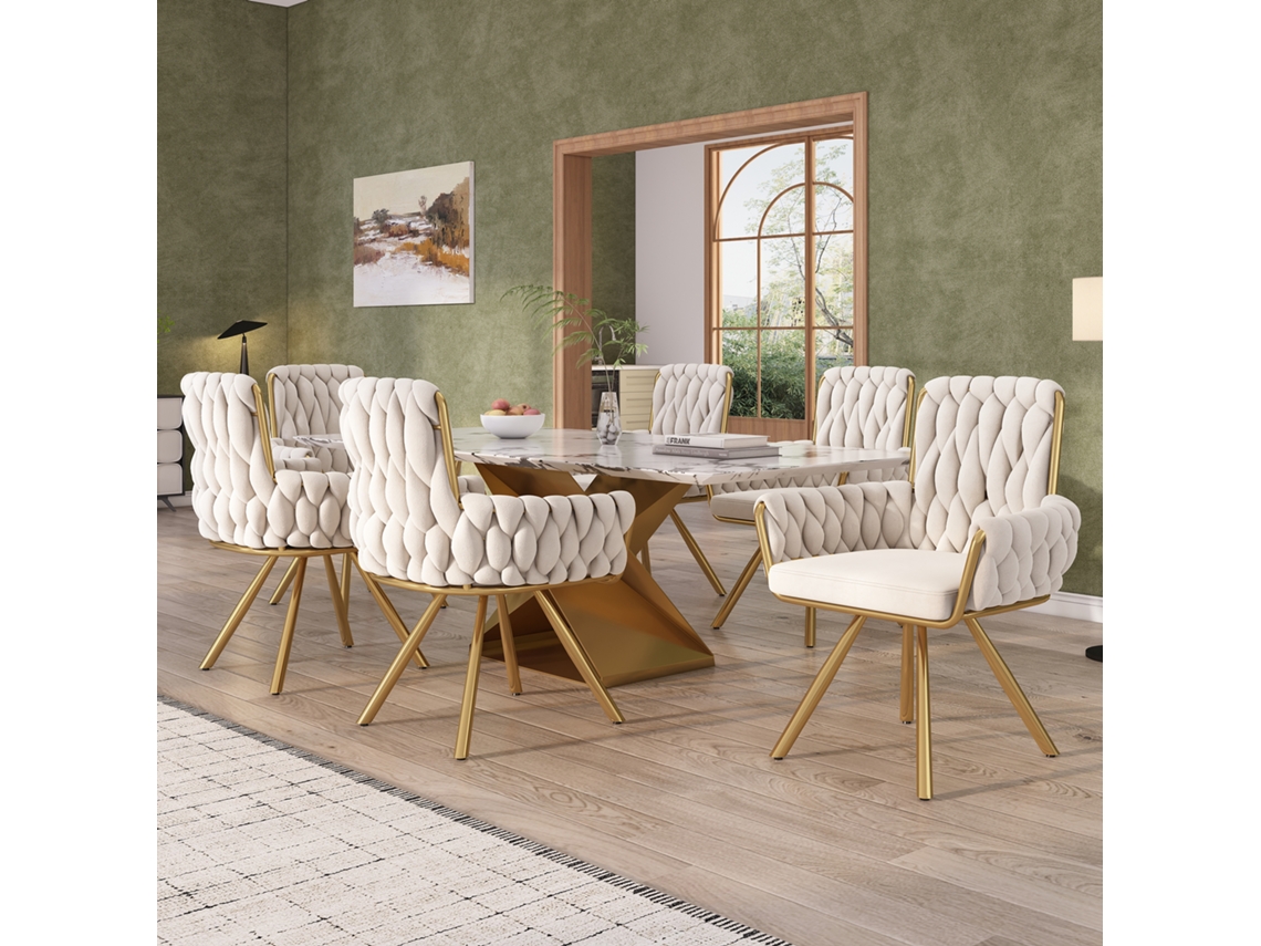 Juego De 6 Sillas Giratorias De Metal Con Tapizado De Terciopelo Beige.