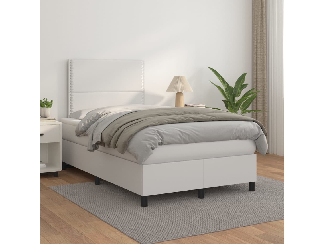 Cama Box Spring Con Colchón Cuero Sintético Blanco 120x200 Cm